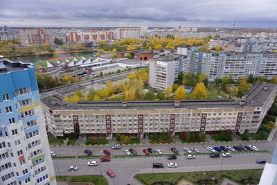 High angle view of street and buildings in city