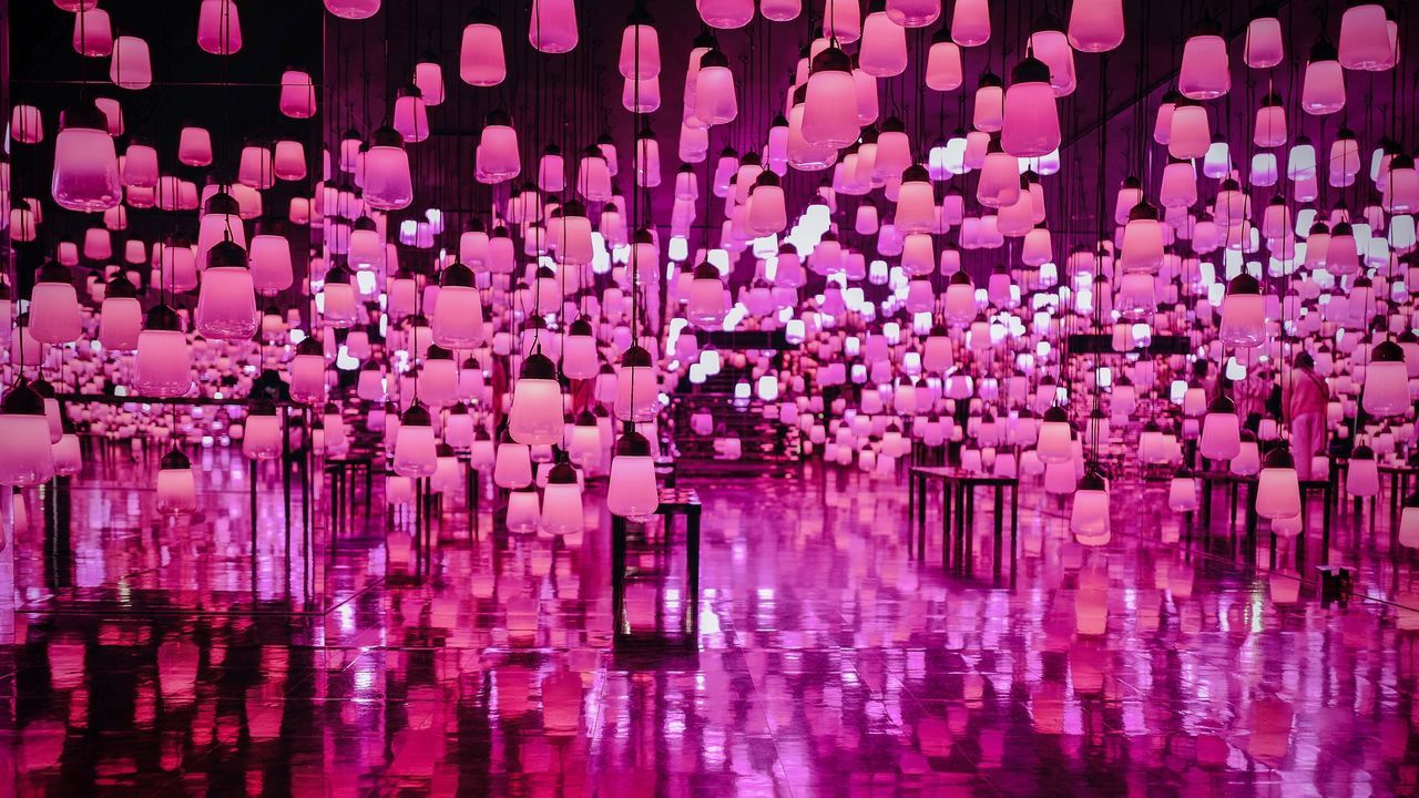 full frame, illuminated, backgrounds, pattern, purple, no people, abstract, pink color, abundance, indoors, night, reflection, motion, water, lighting equipment, large group of objects, design, light - natural phenomenon, nightlife