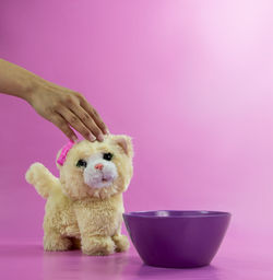 Cropped hand of woman touching toy cat by bowl against pink background