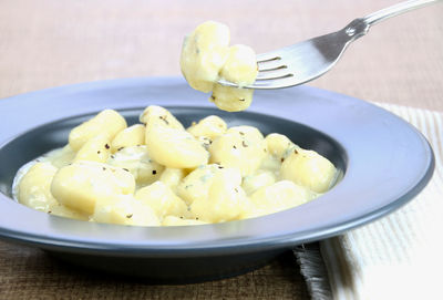 A plate with gnocchi with gorgonzola cheese.