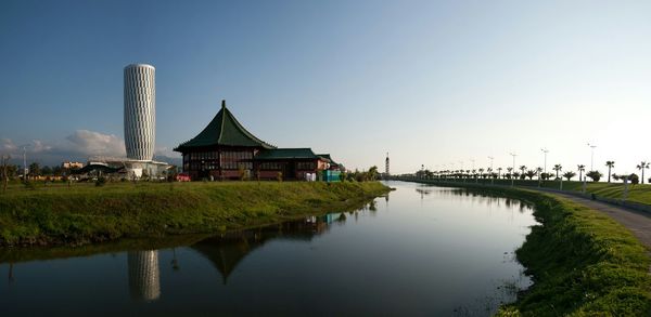 Calm lake against clear sky