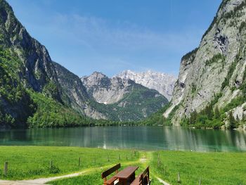 Scenic view of lake and mountains against sky