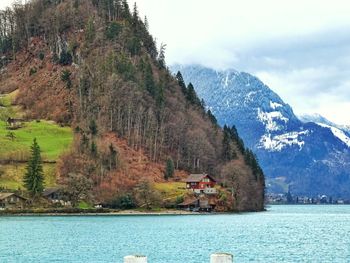 Scenic view of lake by trees against sky