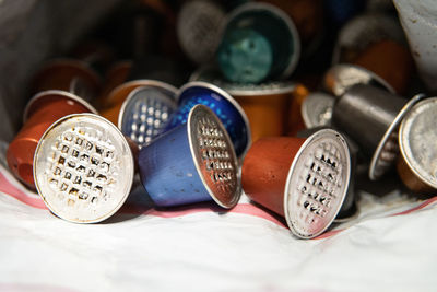 High angle view of various objects on table