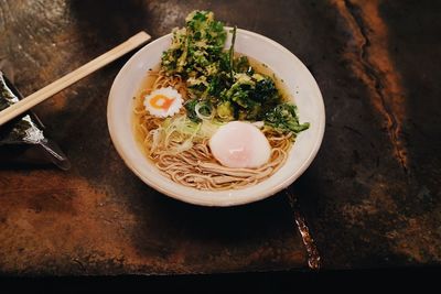 High angle view of food in bowl on table