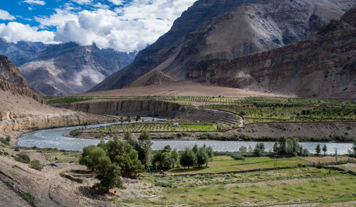 Scenic view of mountains against cloudy sky