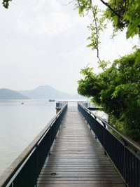 Wooden bridge over calm lake against sky