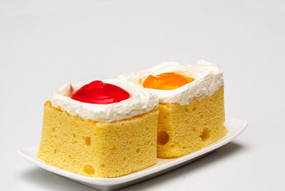 Close-up of cake on plate against white background