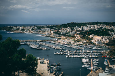 High angle view of townscape and sea against sky