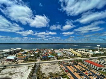 High angle view of buildings by sea against sky