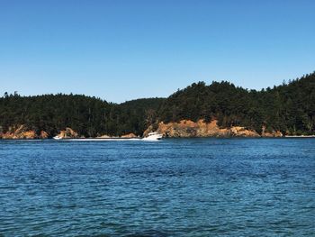 Scenic view of sea against clear blue sky