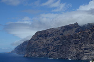 Scenic view of sea and mountains against sky