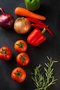 High angle view of chopped vegetables on table