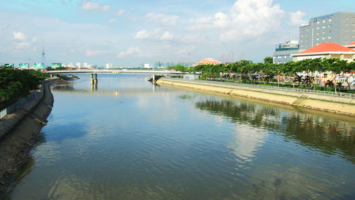 Scenic view of river against sky in city