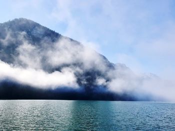 Scenic view of sea by mountain against sky