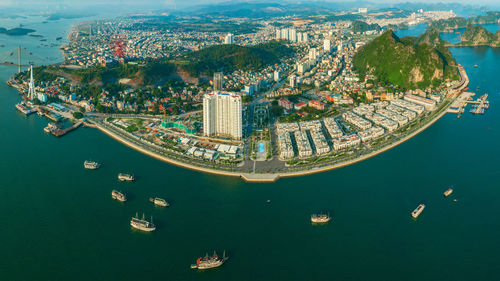 Aerial view of sea and buildings