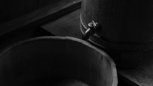 High angle view of faucet on metal container