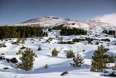 Scenic view of snow covered mountains against sky