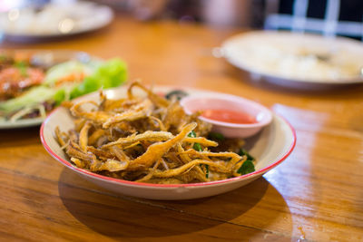 High angle view of food in bowl on table