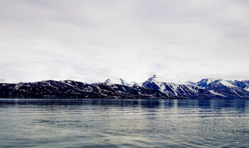 Scenic view of lake against cloudy sky