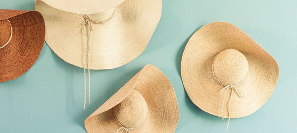 High angle view of hat on table