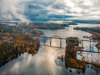 Aerial photo of old railway suspension bridge above river. autumn landscape with northern nature.