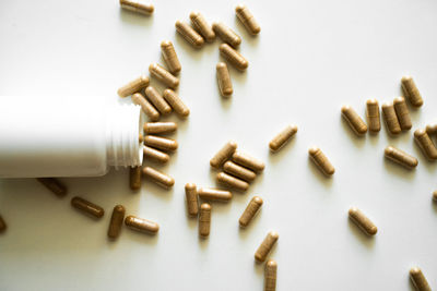 Directly above shot of pills against white background