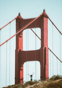 View of suspension bridge against clear sky. me feeling free at the golden gate