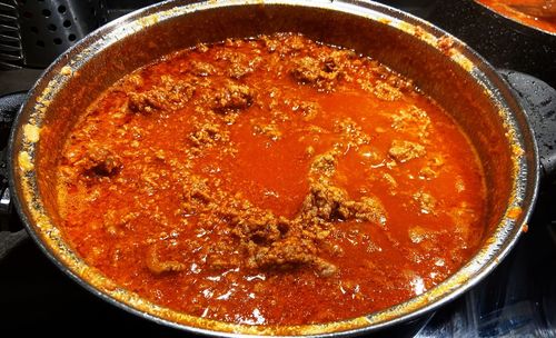 High angle view of soup in bowl