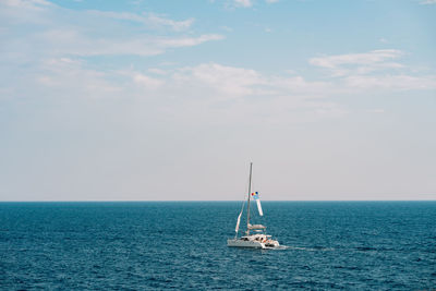 Sailboat sailing on sea against sky