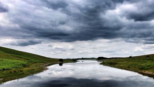 Scenic view of lake against cloudy sky