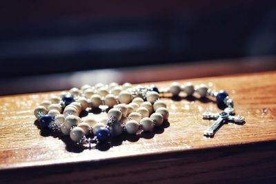 Close-up of jewelry on table