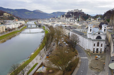 High angle view to historical skyline of city salzburg in austria