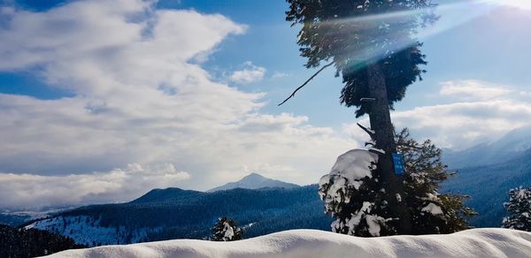 Scenic view of snow covered mountains against sky