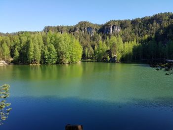 Scenic view of lake against clear blue sky