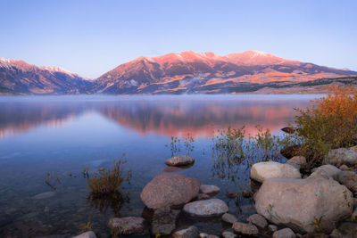 Scenic view of lake against sky during sunset