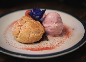 Close-up of dessert in plate on table