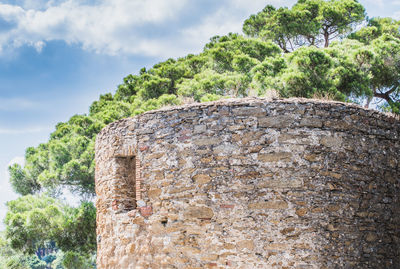 Stone wall by trees against sky