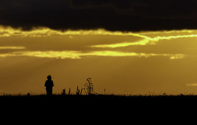 Silhouette man standing on field against sky during sunset