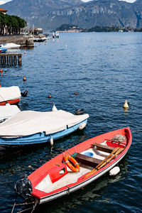 High angle view of sailboats moored in sea