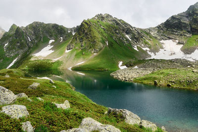 Scenic view of lake and mountains against sky