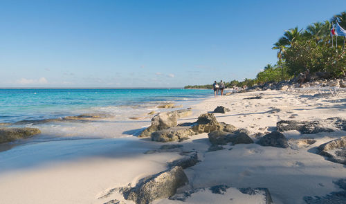 Scenic view of beach against blue sky