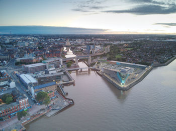 High angle view of buildings in city