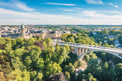 High angle view of bridge over river amidst buildings in city