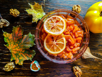 High angle view of fruits on table