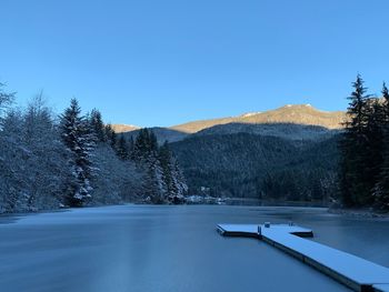 Scenic view of snowcapped mountains against clear blue sky