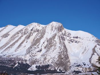 Scenic view of snowcapped mountains against clear blue sky