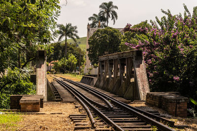 Railroad track amidst trees against sky