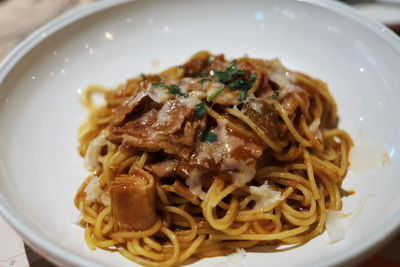 Close-up of noodles served in plate