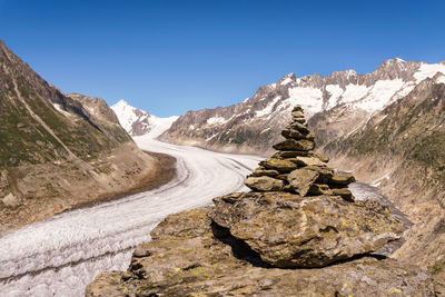 Scenic view of mountains against clear blue sky